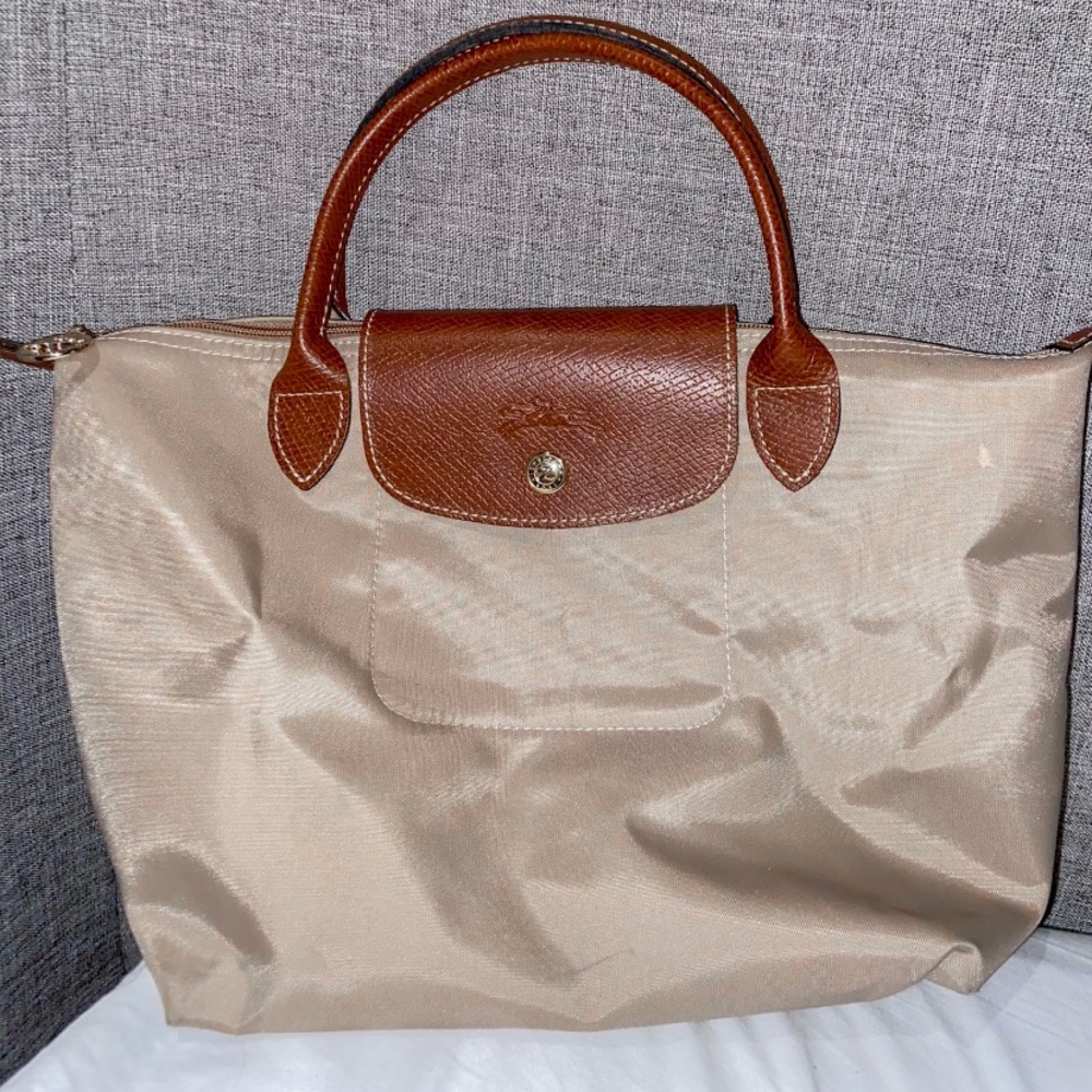 authentic tan longchamp le pliage bag